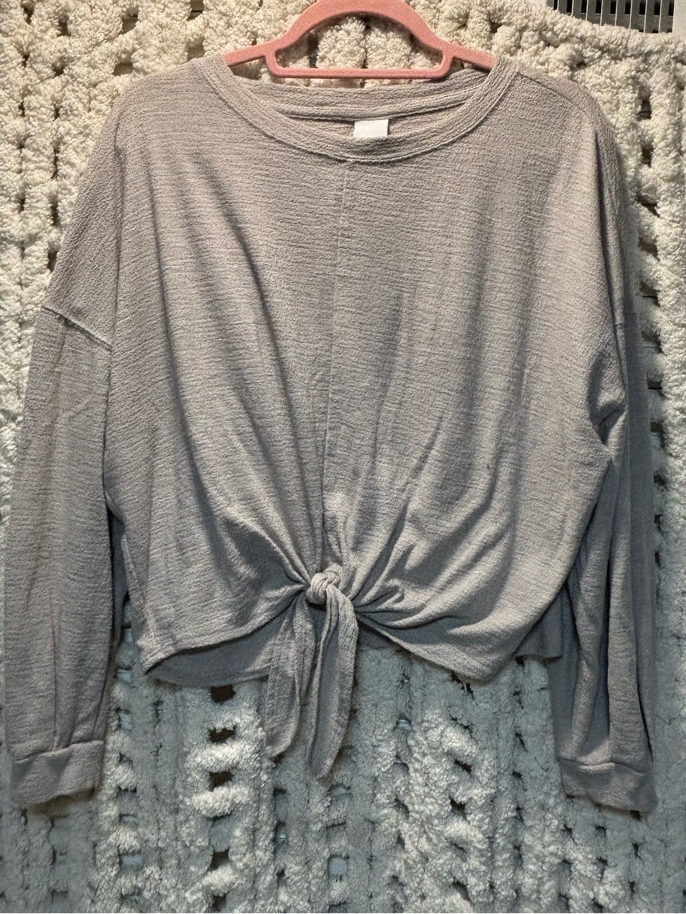 Light Gray Tie-Front Long Sleeve Women's Top